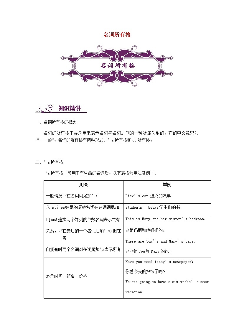 中考英语二轮复习专题讲与练： 名词所有格（含详解）第1页