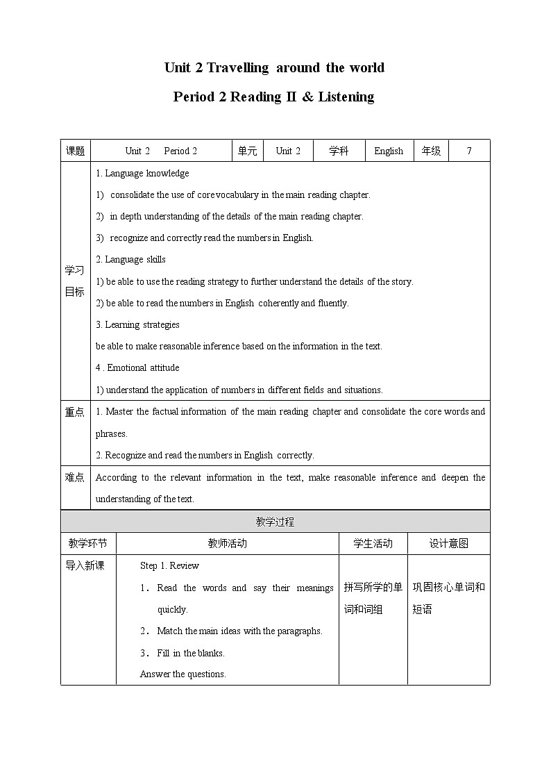 Unit 2 Travelling around the world Period 2 Reading II & Listening教案第1页