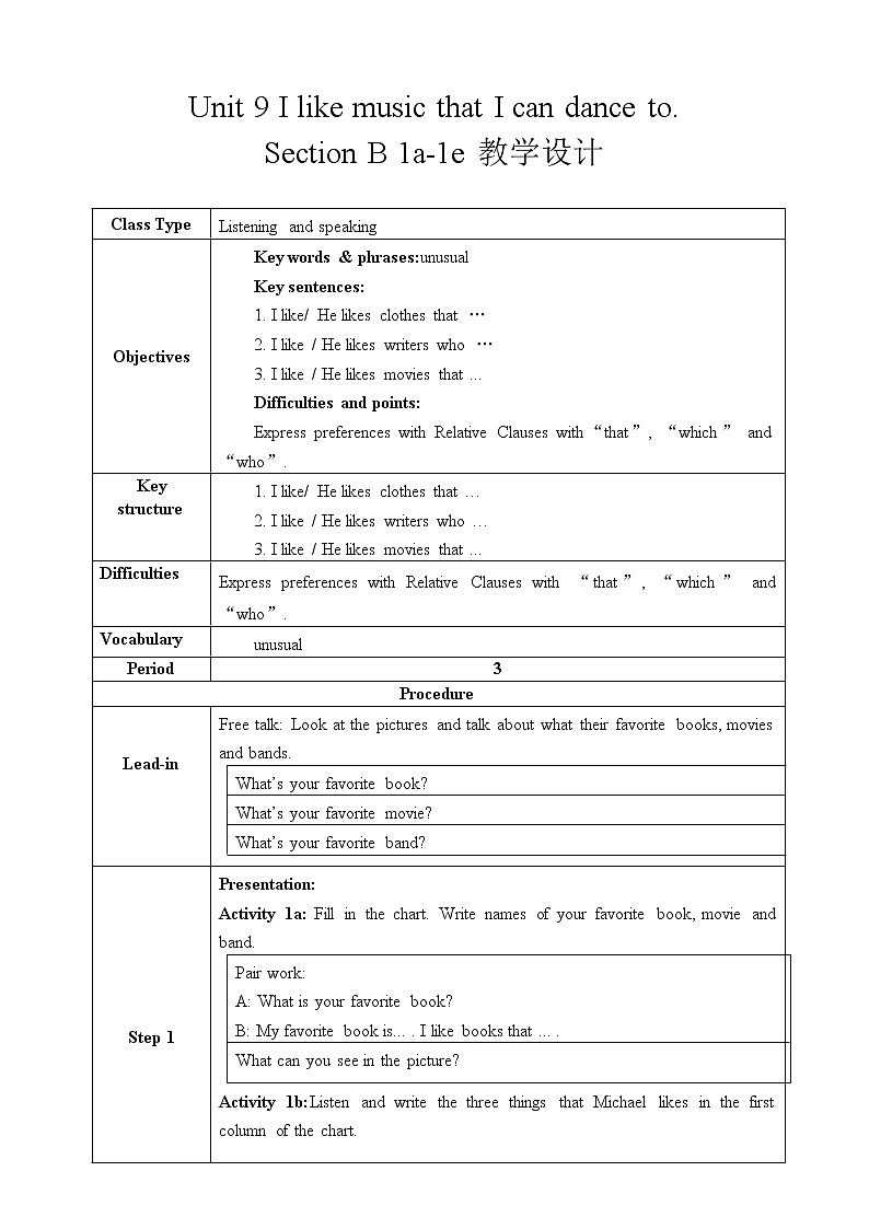 Unit 9 I like music that I can dance to. Section B 1a-1d 课件+教案+练习+学案01