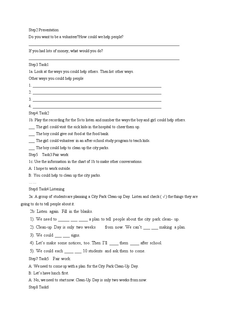 人教新目标(Go for it)版英语八年级下 Unit 2 I'll help to clean up the city parks. Section A 1a-2d 导学案02