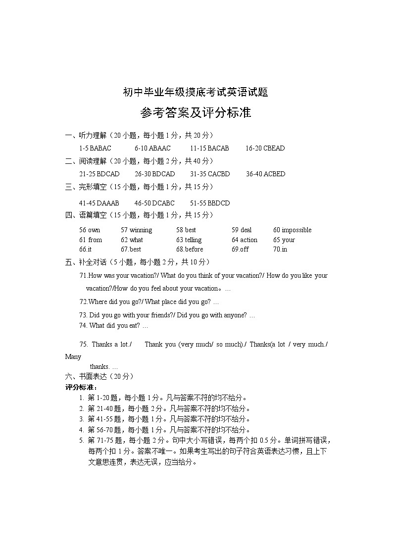 2021年初中毕业年级摸底考试英语试题参考答案及评分标准第1页