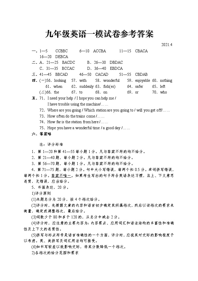 2021年春期九年级调研测试英语试卷参考答案第1页