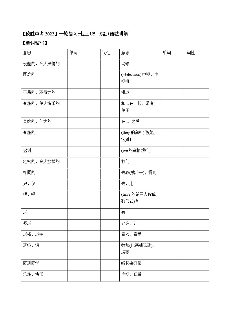 2022届人教版英语中考一轮复习七年级上册Unit 5（词汇+语法讲解）第1页