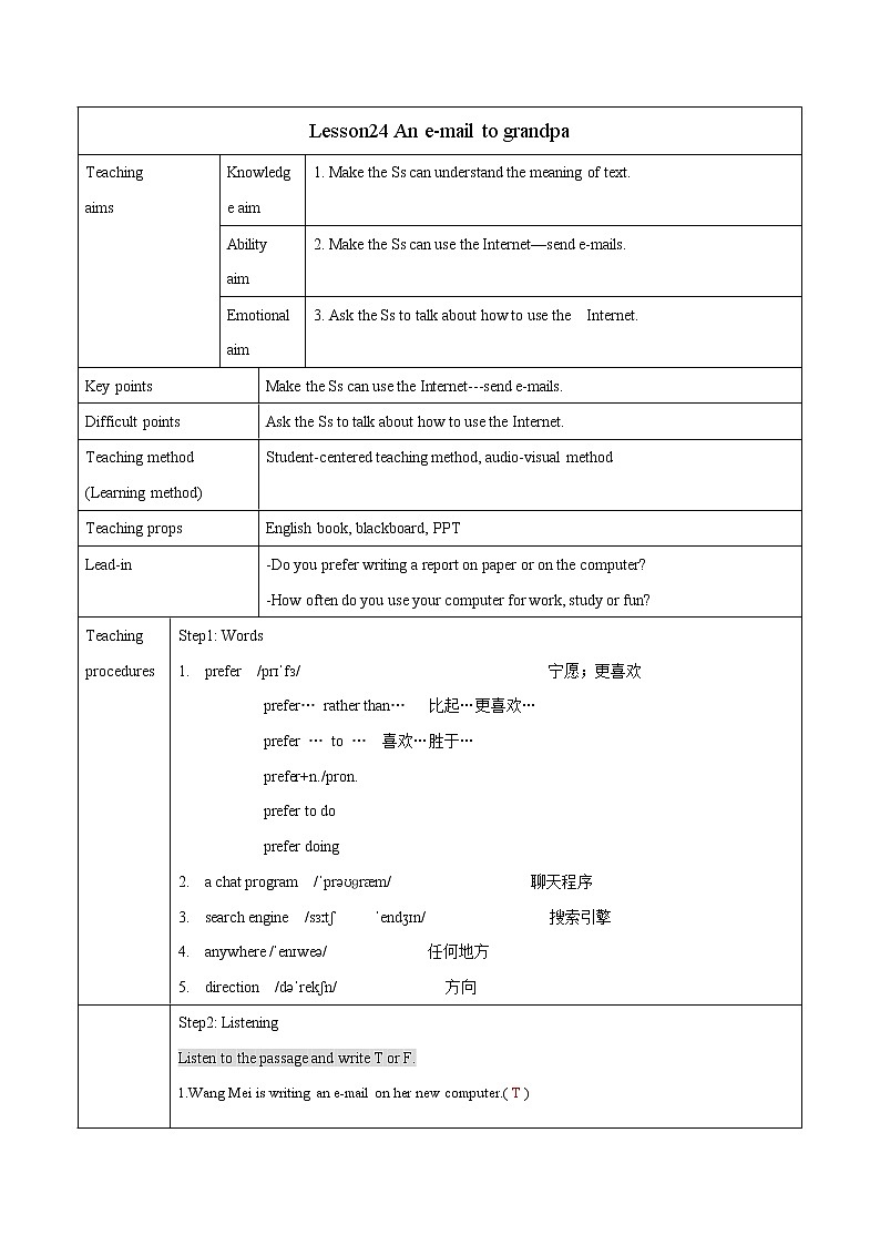 Unit 4 Lesson 24 An e-mail to grandpa 教案 初中英语冀教版八年级下册（2022年）01