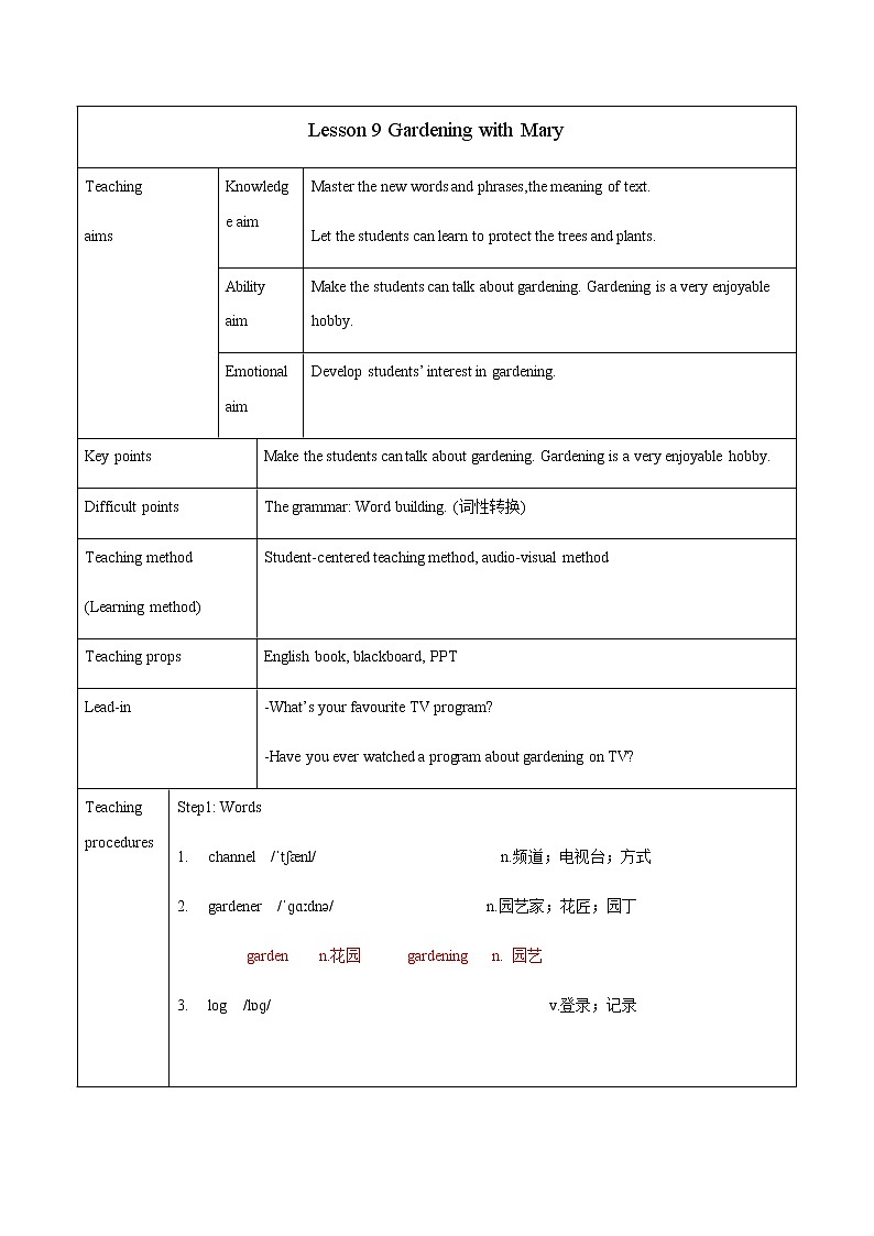 Unit 2 Lesson 9 Gardening with Mary 教案 初中英语冀教版八年级下册（2022年）第1页