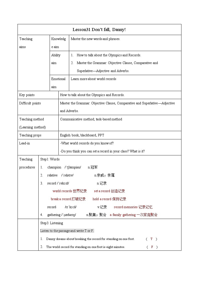 Unit 6 Lesson 31 Don't fall, Danny! 教案 初中英语冀教版八年级下册（2022年）01