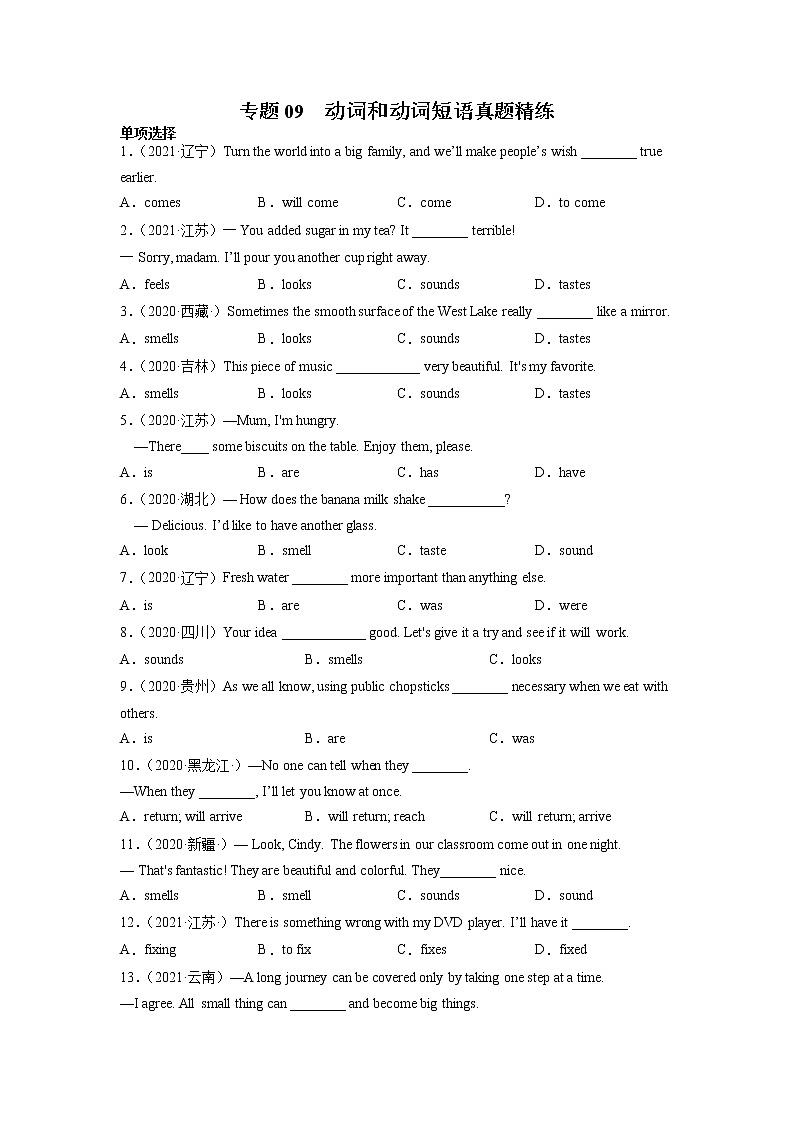 专题09 动词---2022年中考英语语法真题演练及思维导图01