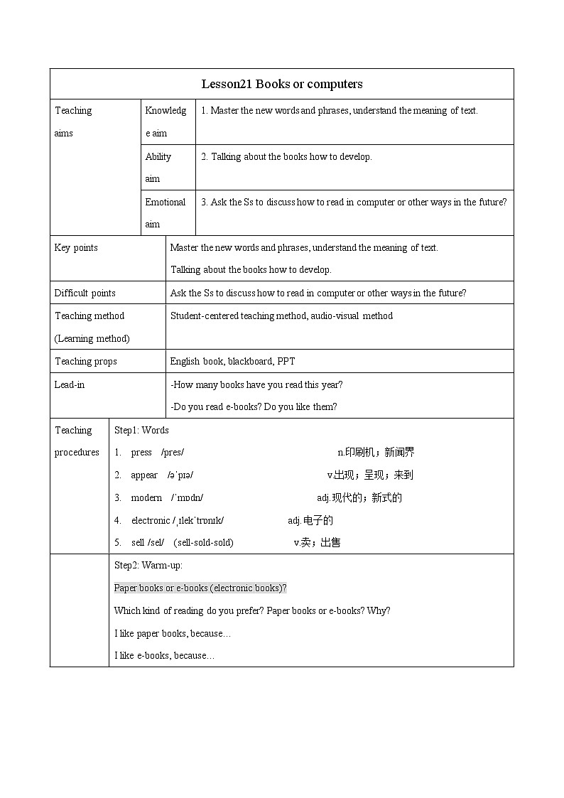 Unit4 Lesson21 Books or computers教案 初中英语冀教版八年级下册（2022年）01