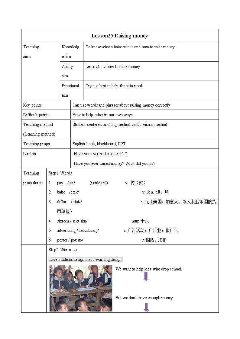 Unit 5 Lesson 25  Raising money 教案 初中英语冀教版八年级下册（2022年）第1页