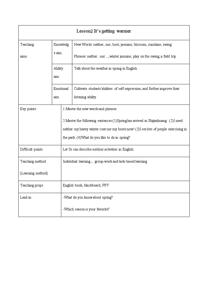 Unit 1 Lesson 2 It's getting warmer 教案 初中英语冀教版八年级下册（2022年）01