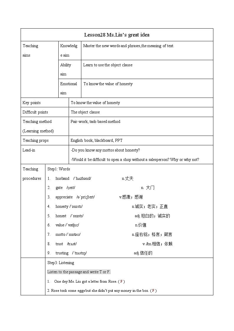Unit 5 Lesson 28 Ms.Liu 's great idea  教案 初中英语冀教版八年级下册（2022年）第1页