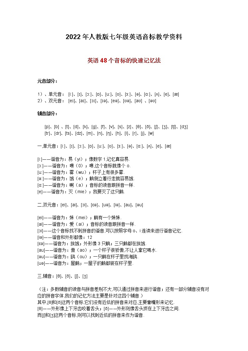 2022年人教版七年级英语音标教学资料第1页