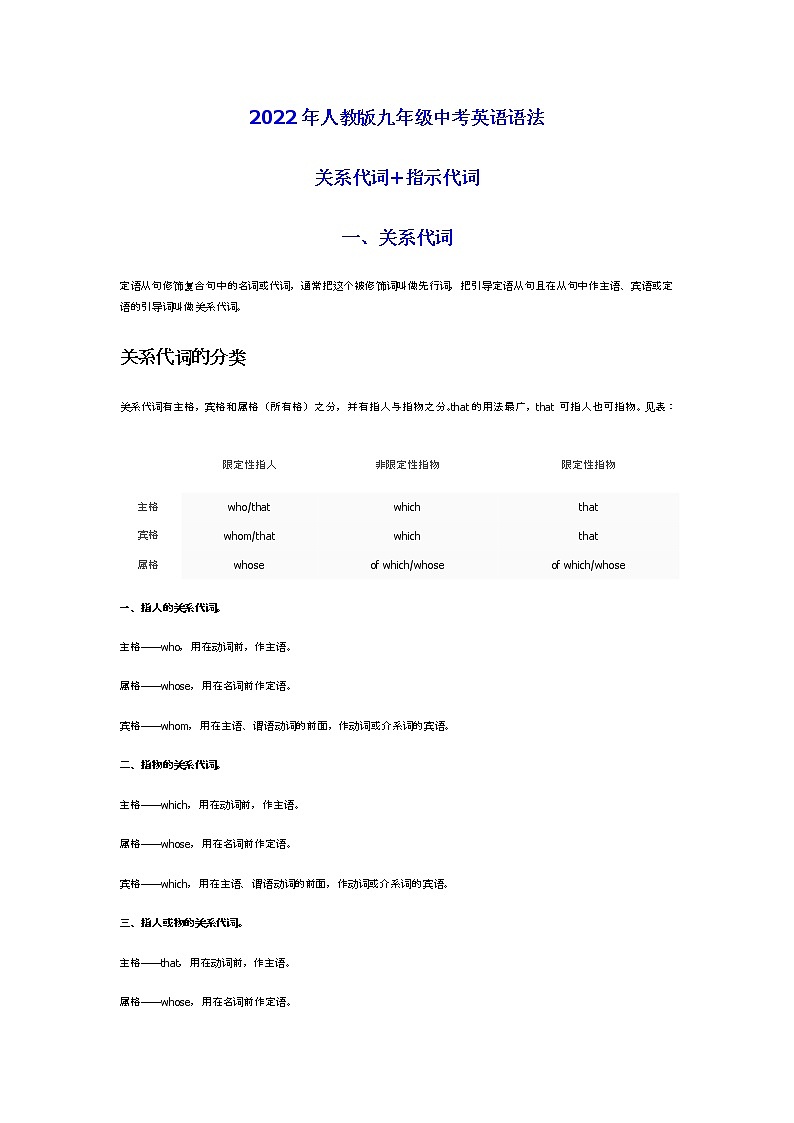 2022年人教版九年级中考语法-关系代词+指示代词01