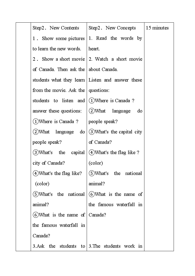 冀教版（三起）英语七年级上册 Unit 8 Countries around the World Lesson 46 Canada and The…（教案）第3页
