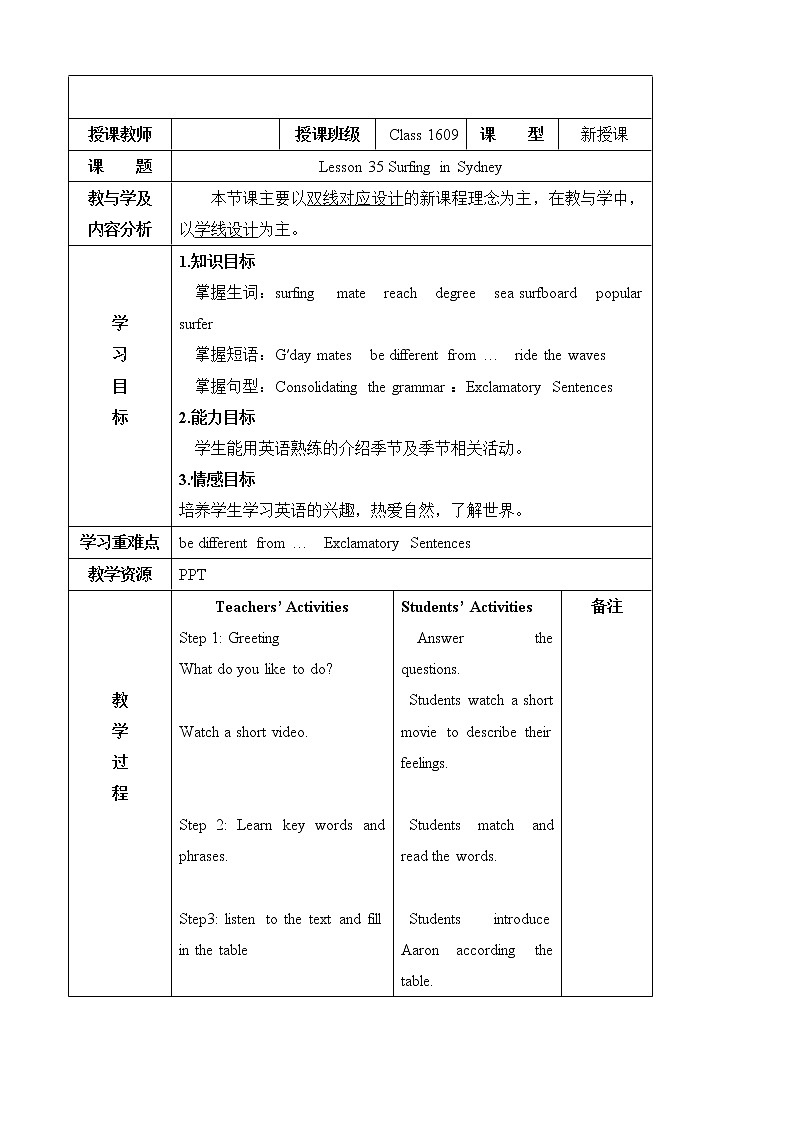 冀教版（三起）英语七年级下册 Unit 6  Seasons-Lesson 35 Surfing in Sydney（教案）01