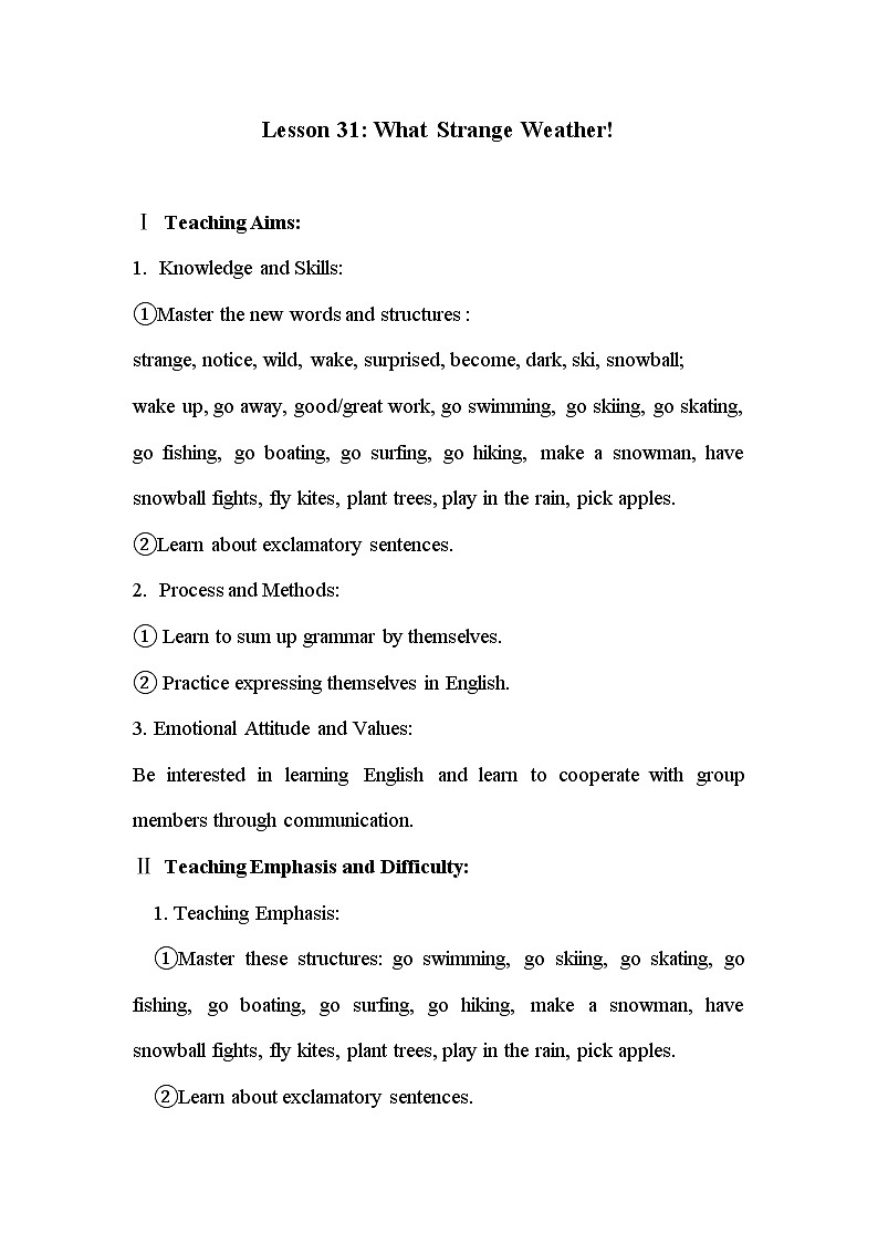 冀教版（三起）英语七年级下册 Unit 6  Seasons-Lesson 31 What Strange Weather!(1)（教案）01