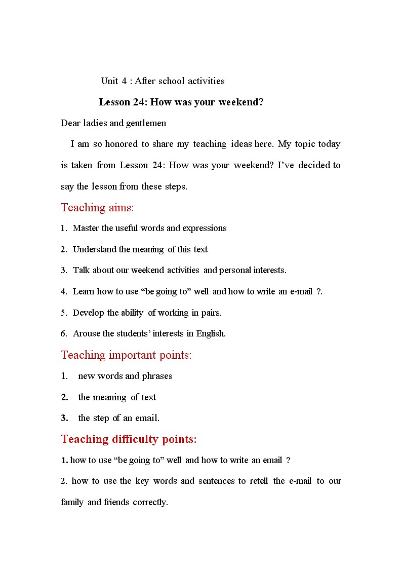 冀教版（三起）英语七年级下册 Unit 4 After-school Life Lesson 24 How Was Your W…（教案）01