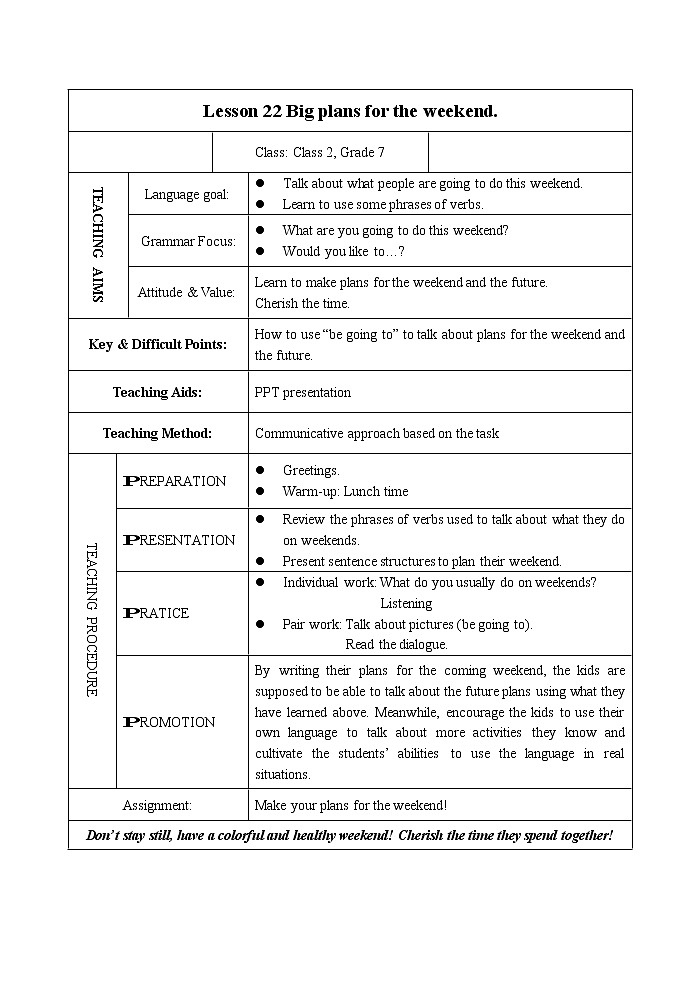 冀教版（三起）英语七年级下册 Unit 4  After-School Activities Lesson 22 Big Plans for the Weekend(1)（教案）第1页