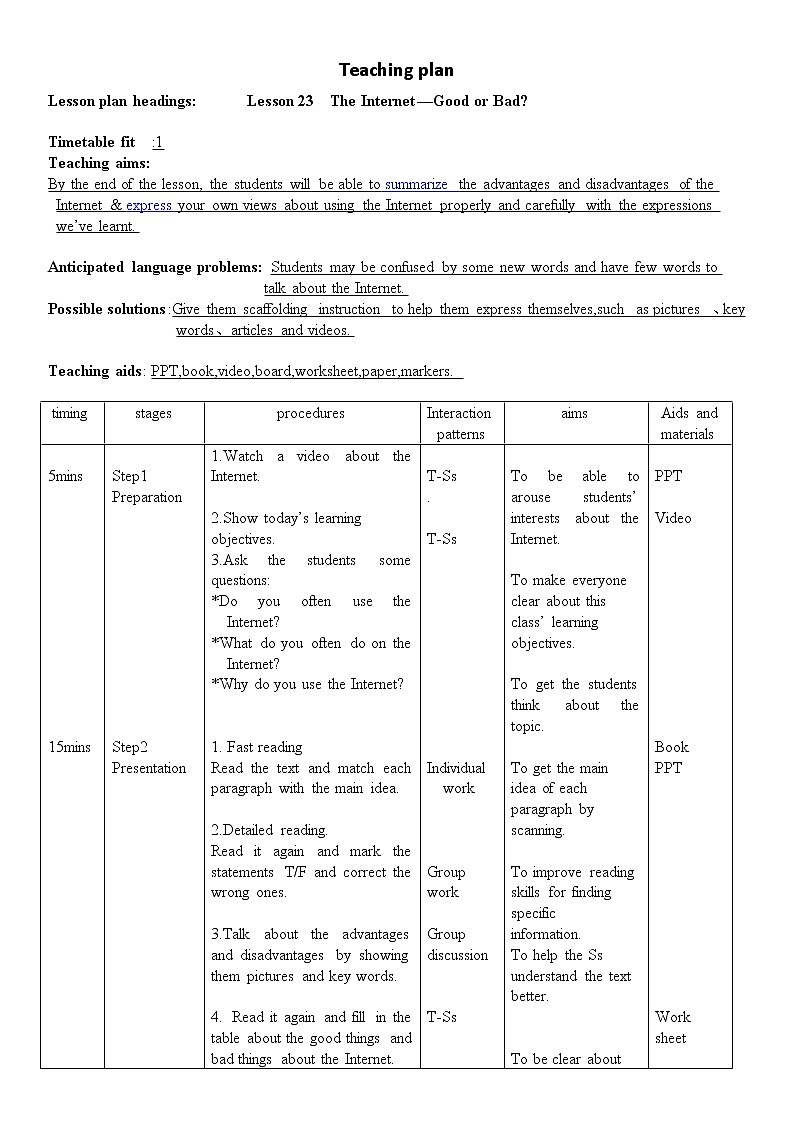冀教版（三起）英语八年级下册 Lesson 23 The Internet — Good or Bad（教案）第1页