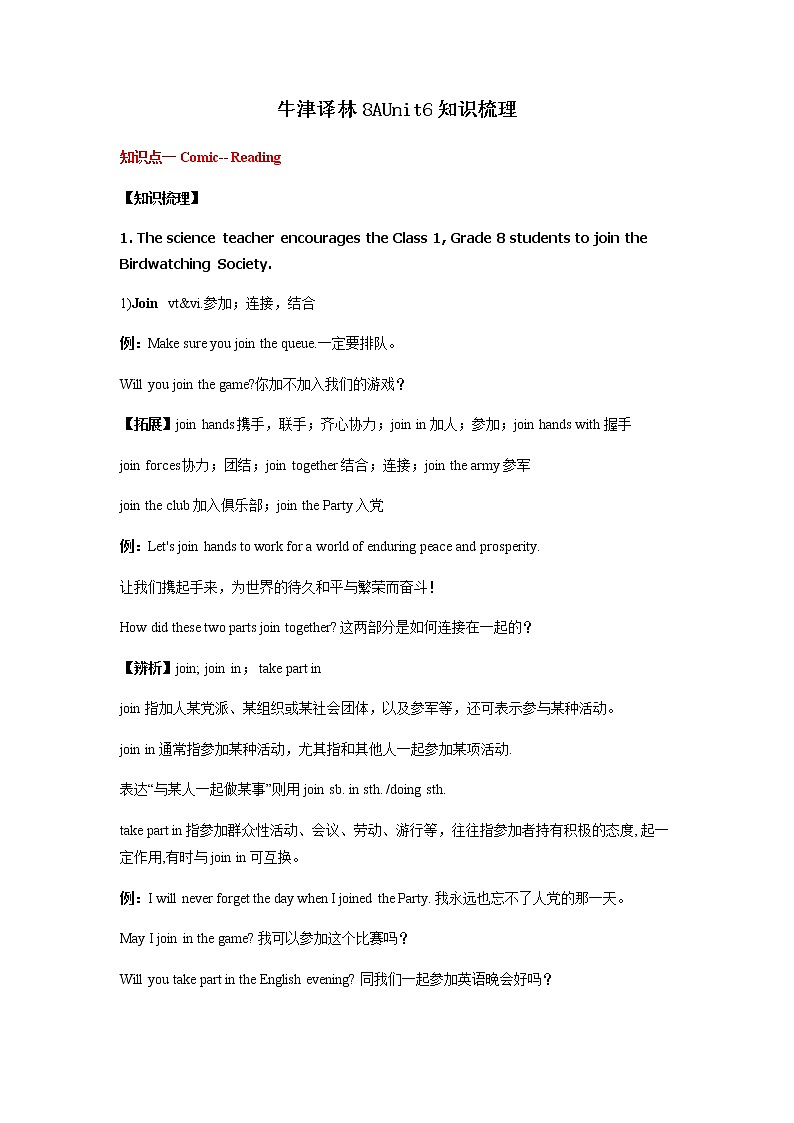 译林版英语八年级上册Unit6知识梳理练习题01