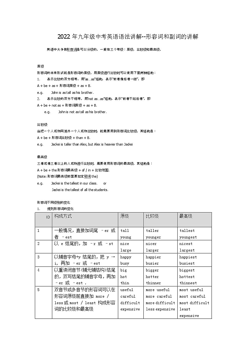 2022年九年级中考英语语法讲解--形容词和副词的讲解第1页