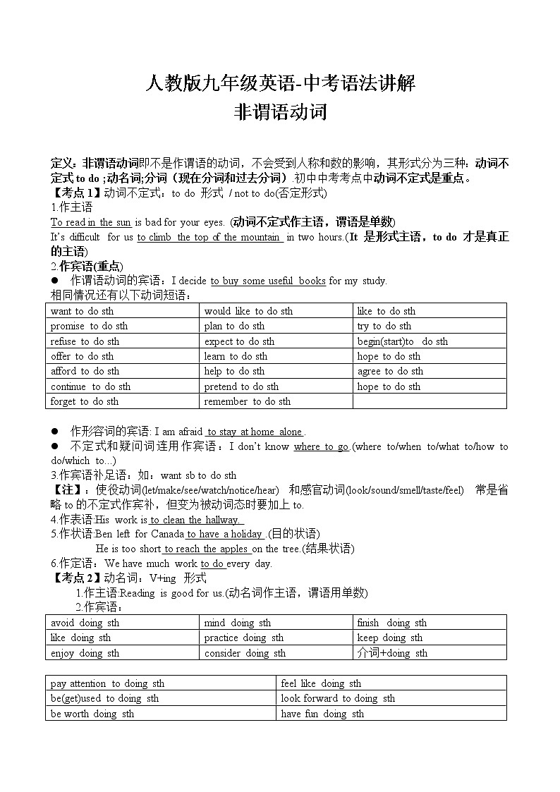 人教版九年级英语-中考语法讲解-非谓语动词（无答案）第1页