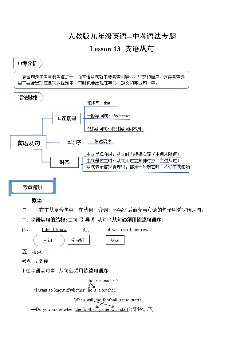 中考语法专题13（宾语从句）--人教版九年级英语全册（无答案）第1页