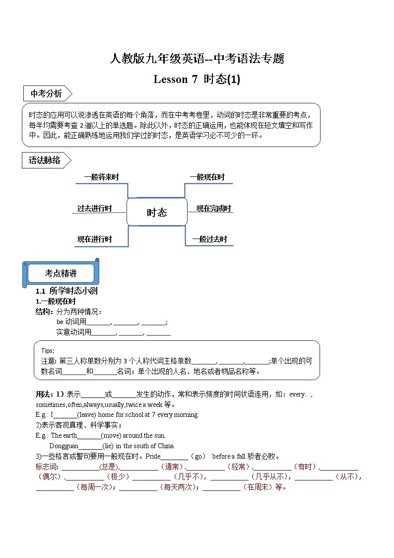 中考语法专题7（时态）--人教版九年级英语全册（无答案）第1页