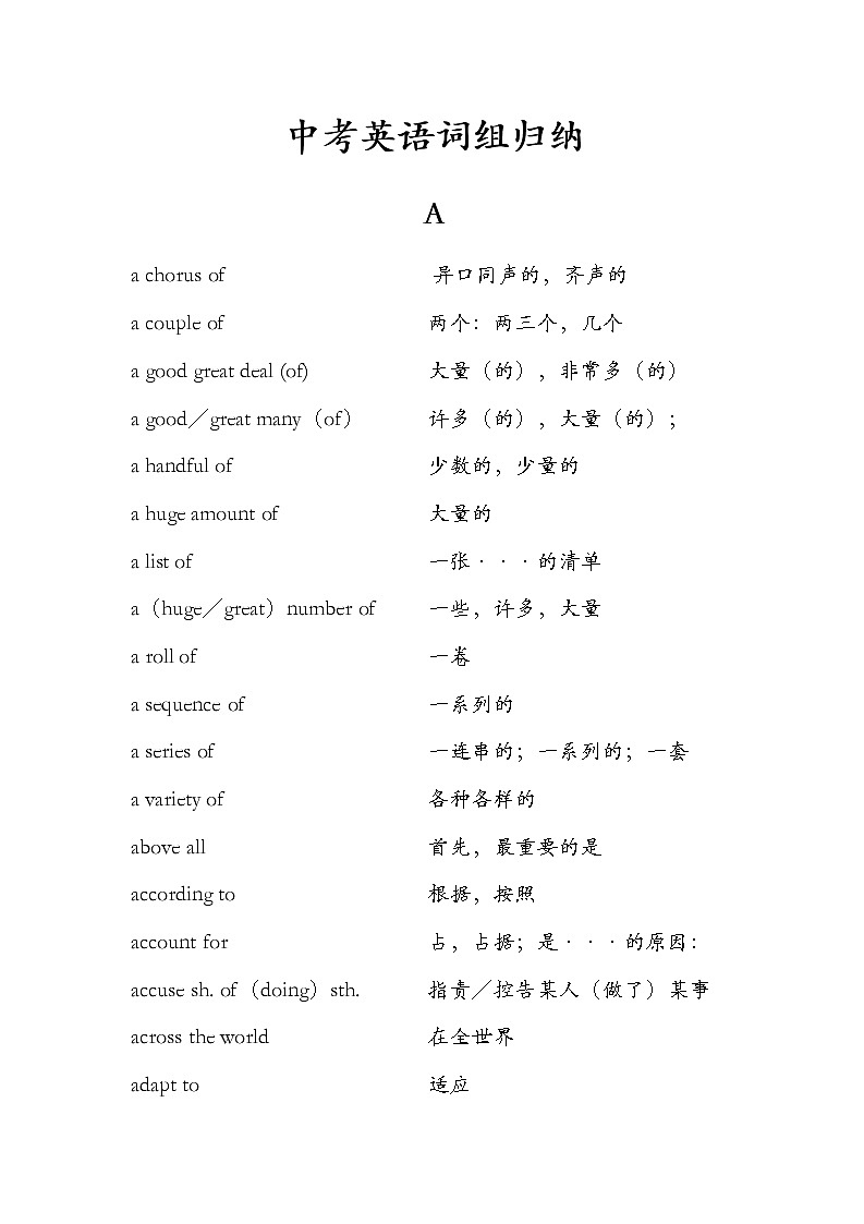 2022年人教版中考英语词组总结归纳（早读材料）练习题第1页