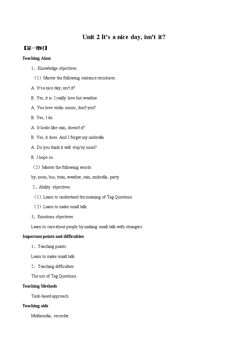 Unit 2  It's a nice day,isn't it第一课时 教案 初中英语鲁教版（五四学制）八年级下册（2022年）01