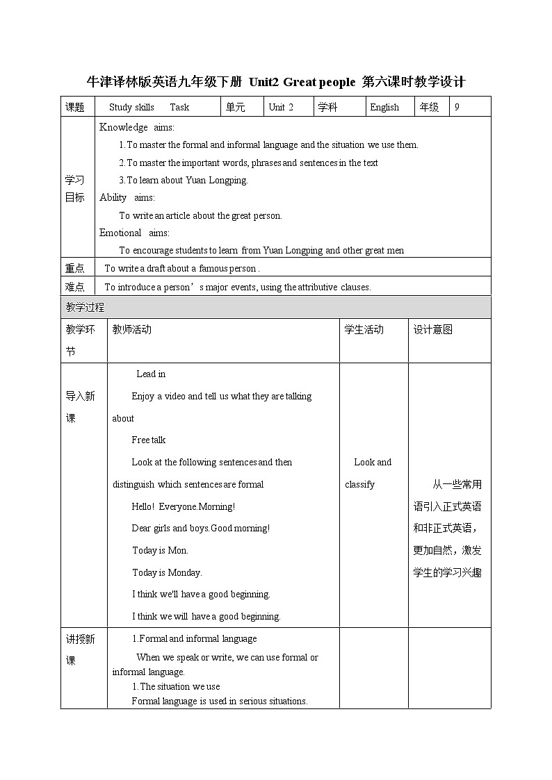 Unit 2 Great people  第六课时 教案 初中英语牛津译林版九年级下册（2022年）第1页