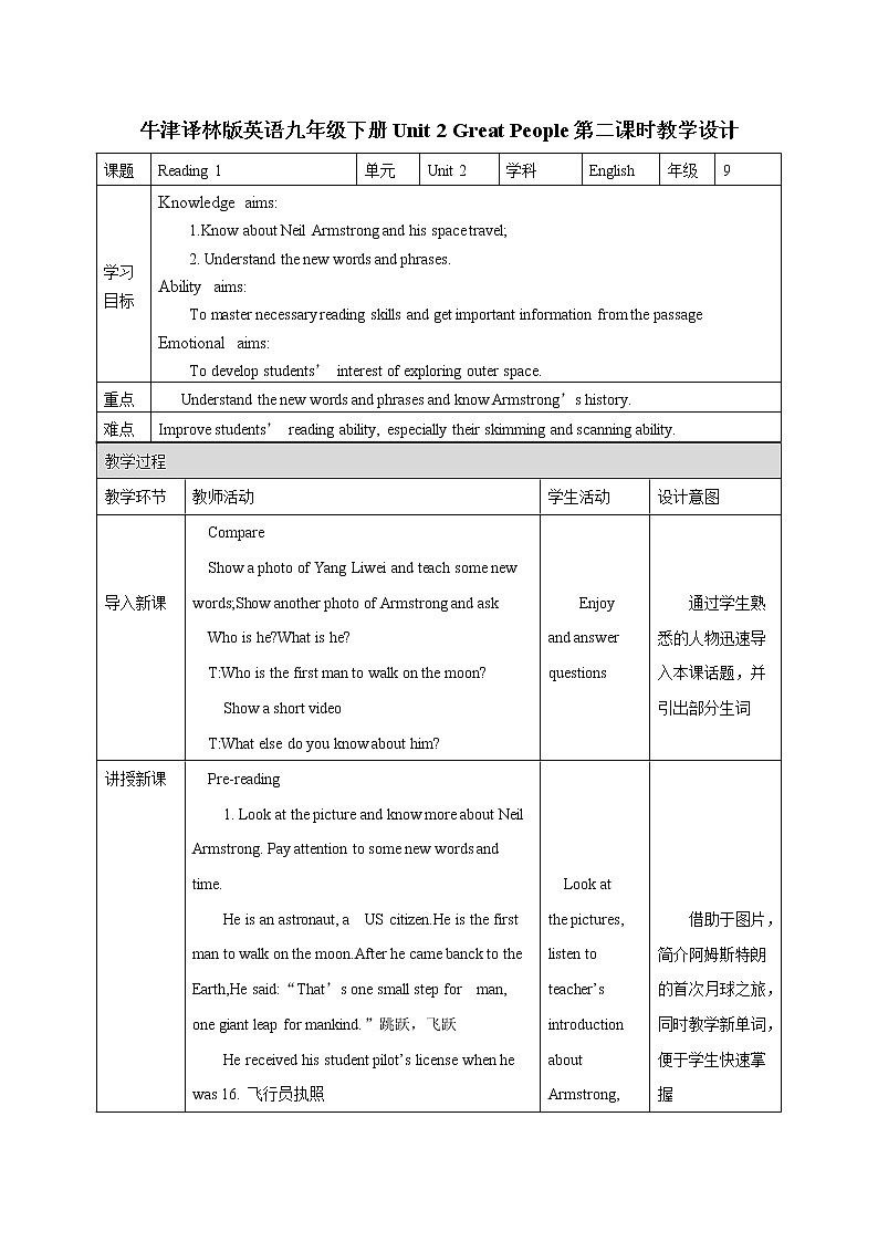 Unit 2 Great People 第二课时 教案 初中英语牛津译林版九年级下册（2022年）第1页