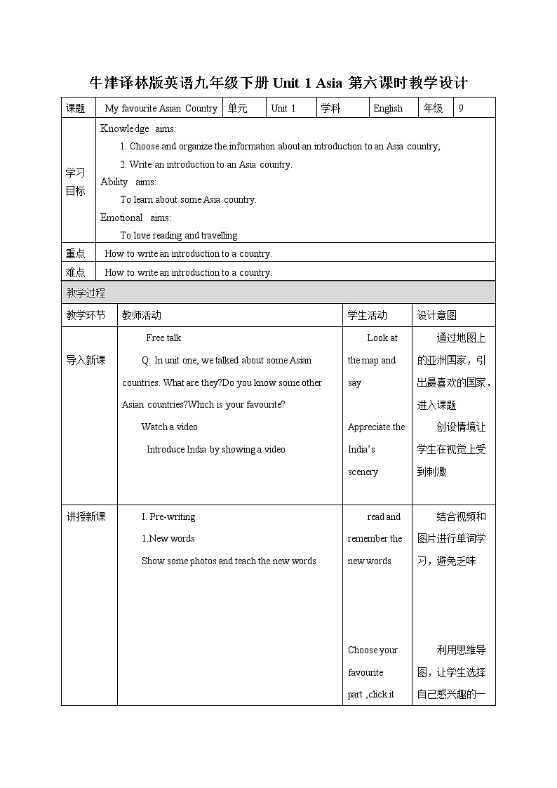 Unit 1 Asia 第六课时 教案 初中英语牛津译林版九年级下册（2022年）01