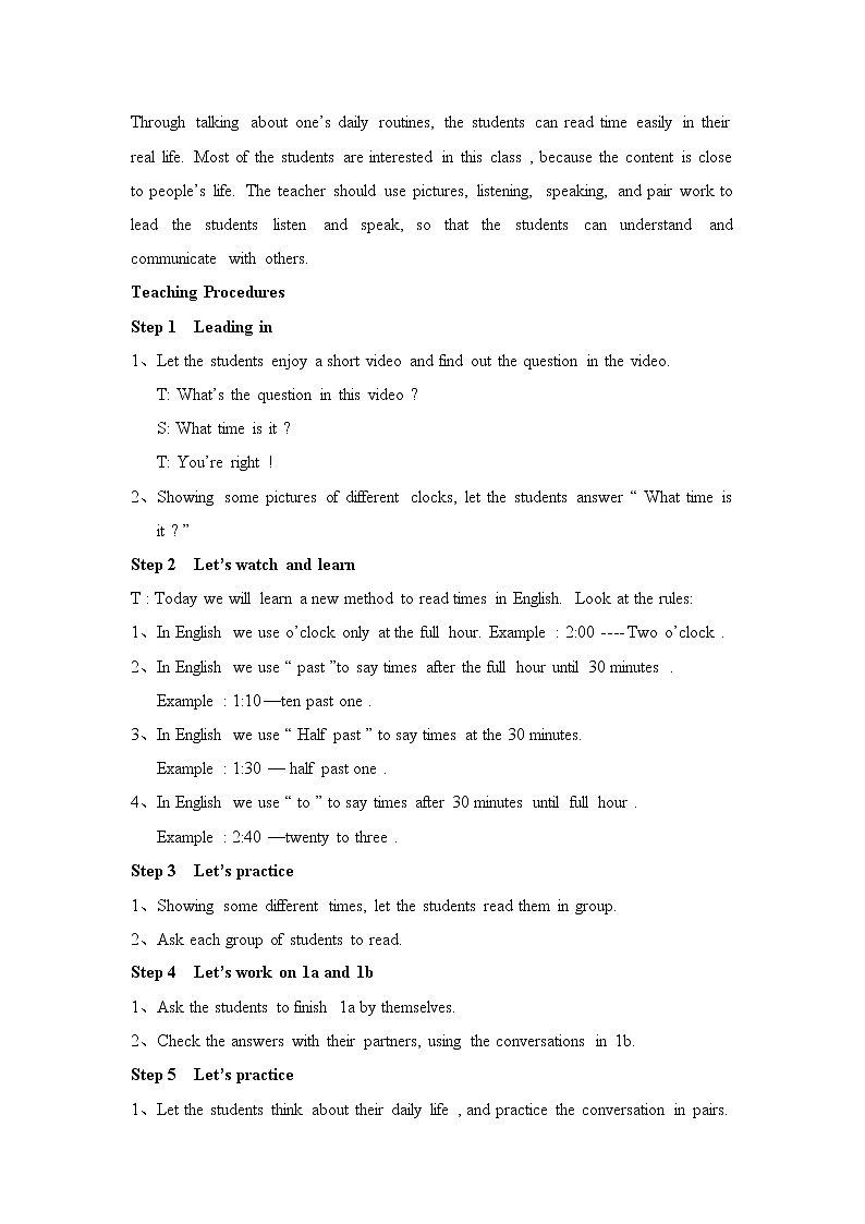 人教新目标(Go for it)版英语七年级下 Unit 2 What time do you go to school？ Section B 1a—1e 教案02