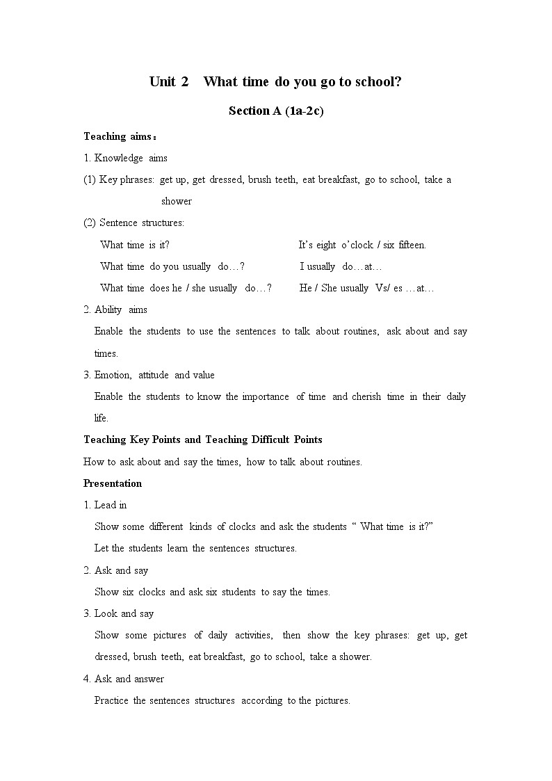 人教新目标(Go for it)版英语七年级下 Unit 2 What time do you go to school？ Section A 1a—2d(1) 教案01