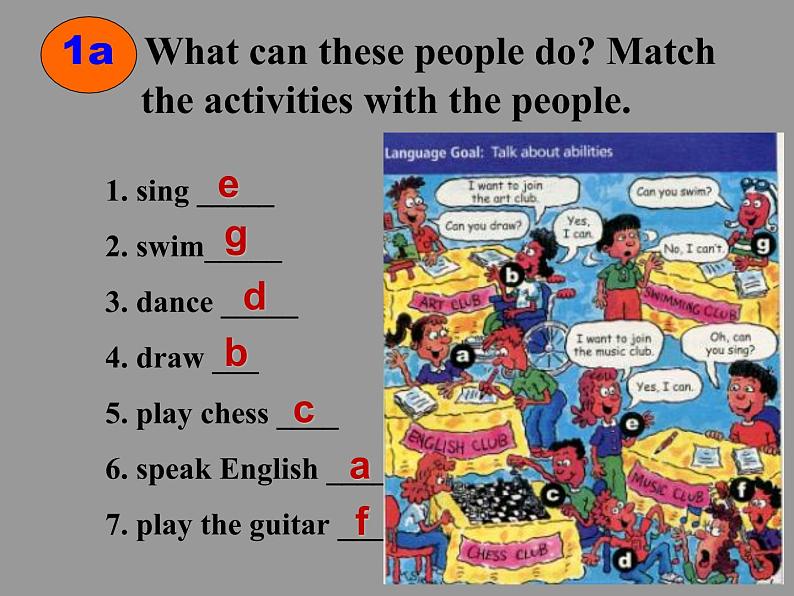 人教新目标(Go for it)版英语七年级下 Unit 1 Can you play the guitarSection A(1a -2d) 课件05