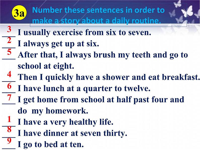 人教新目标(Go for it)版英语七年级下 Unit 2 What time do you go to school？ Section B 3a—3b Self check 课件第4页