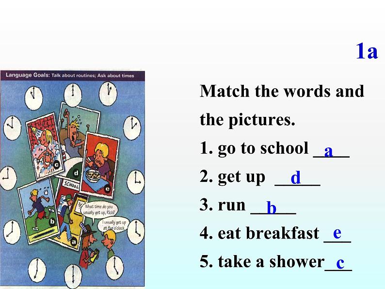 人教新目标(Go for it)版英语七年级下 Unit 2 What time do you go to school？ Section A_1 课件08