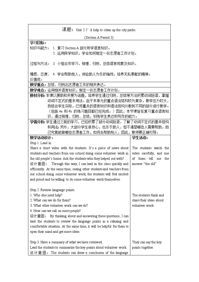 人教新目标（Go for it)版英语八年级下册 Unit 2  I’ll help to clean up the city parksSection A Grammar focus 4a—4c（教案 ）01