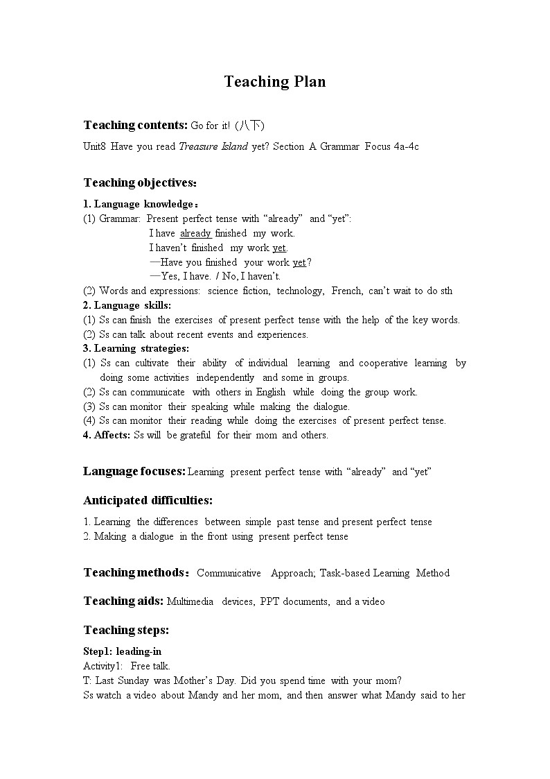 人教新目标（Go for it)版英语八年级下册 Unit 8 Have you read Treasure Island yet？Section A Grammar focus 4a—4c（教案）第1页