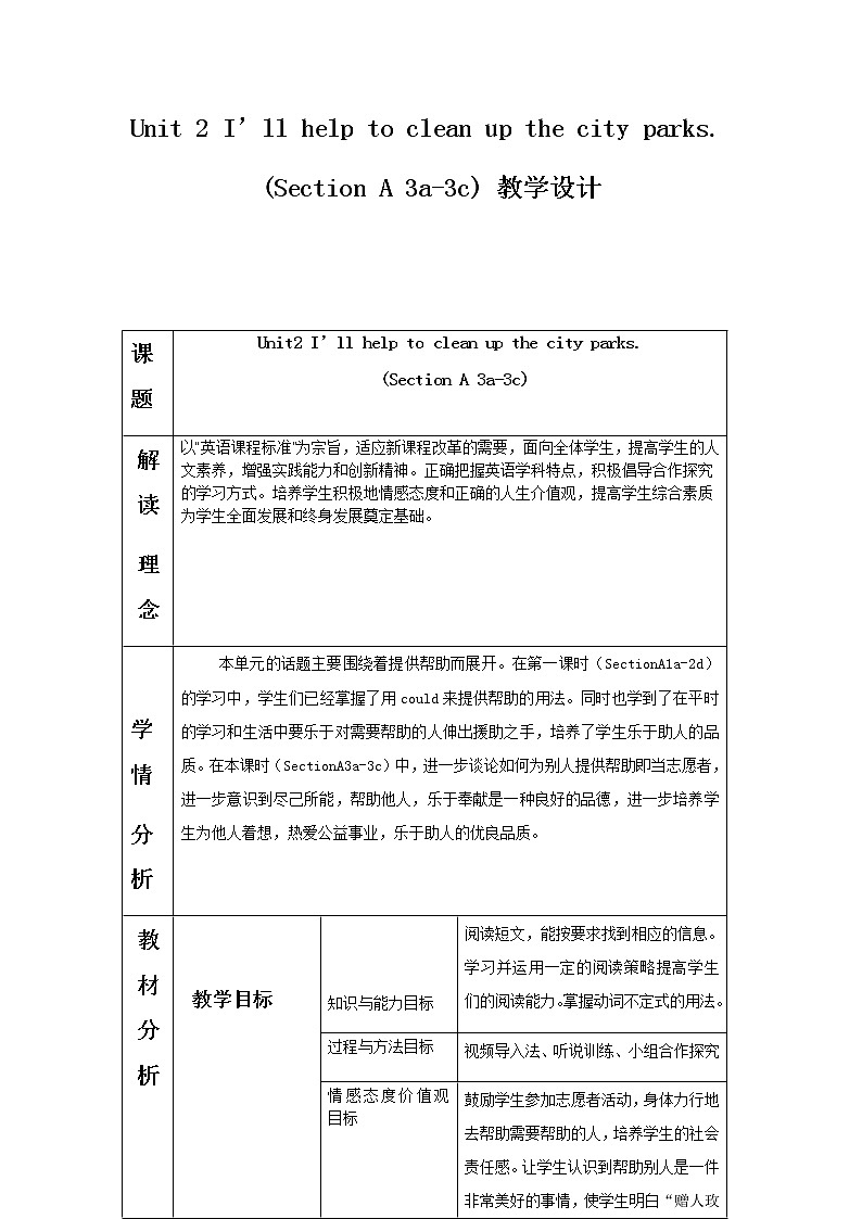 人教新目标（Go for it)版英语八年级下册 Unit 2  I’ll help to clean up the city parksSection A 3a—3c(1)（教案 ）01