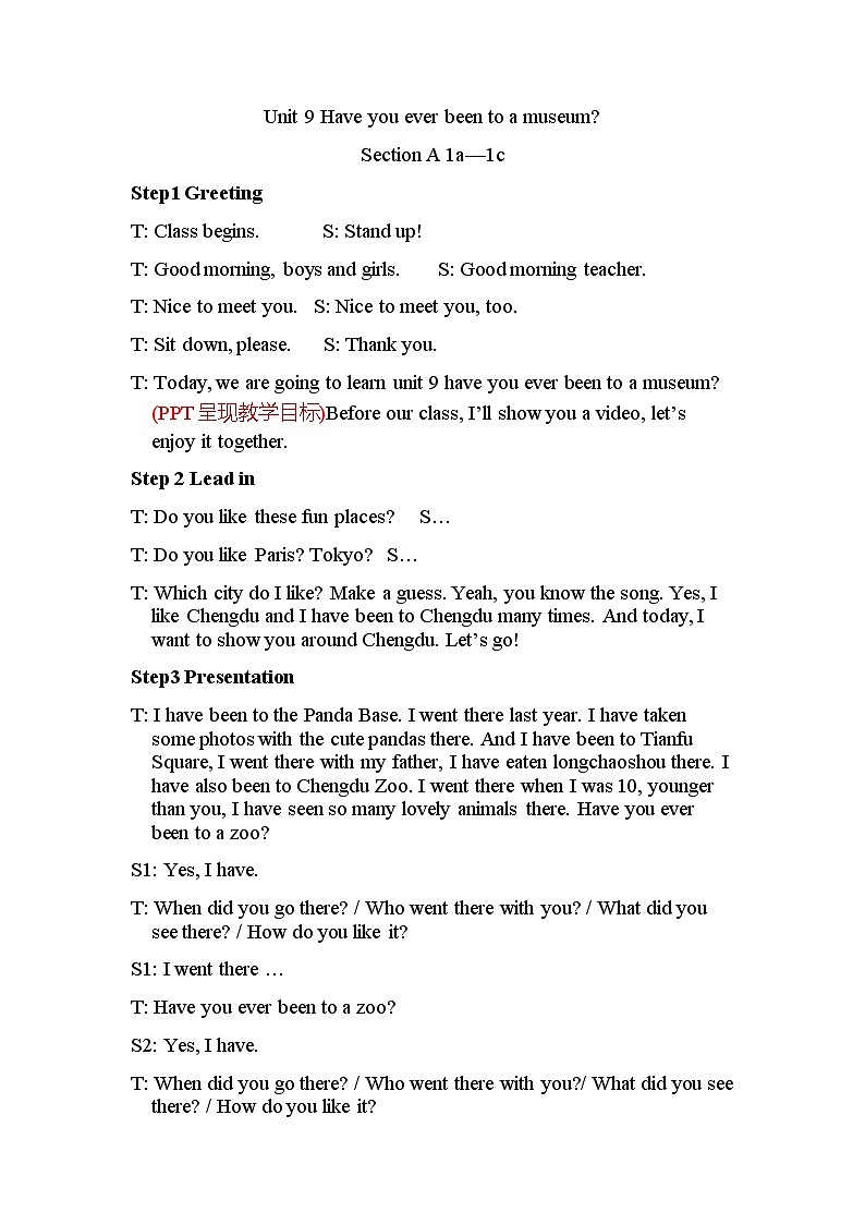 人教新目标（Go for it)版英语八年级下册 Unit 9 Have you ever been  to a museum Section A 1a—2d（教案）01