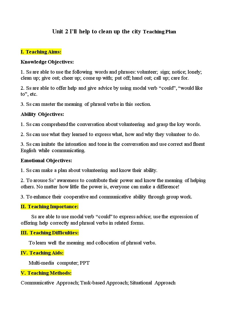 人教新目标（Go for it)版英语八年级下册 Unit 2  I’ll help to clean up the city parksSection A 1a—2d（教案 ）01