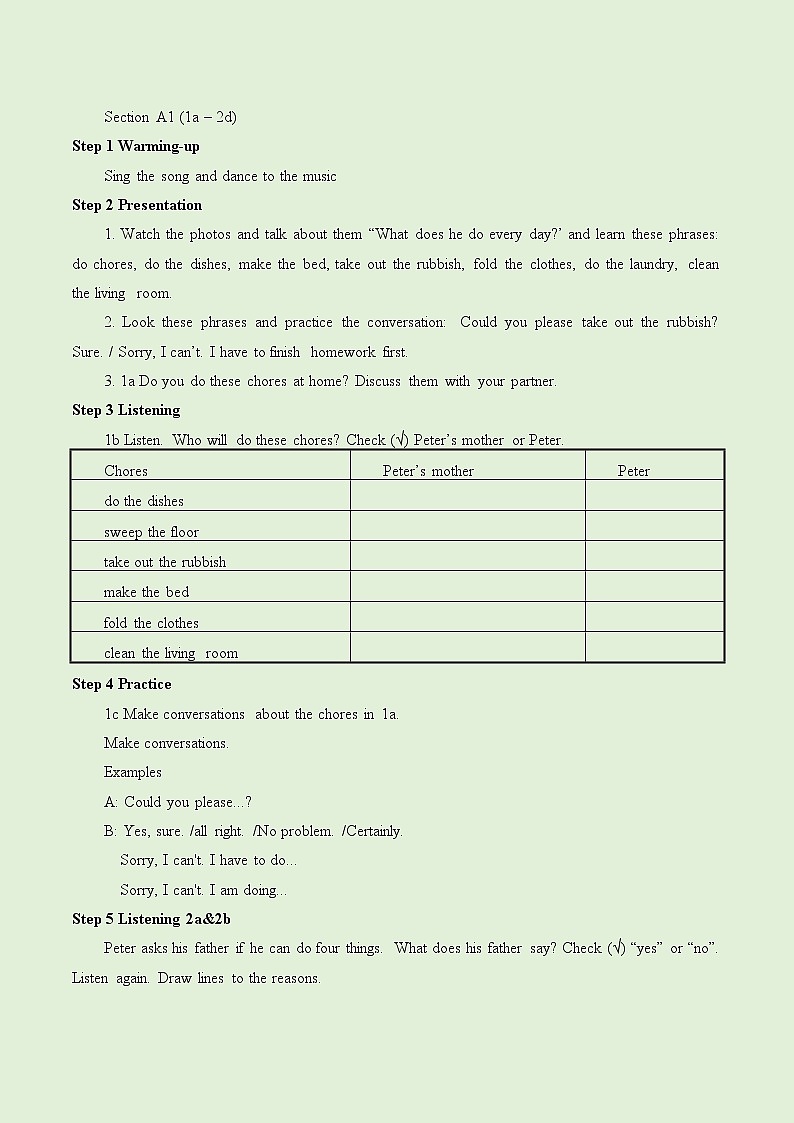 人教新目标（Go for it)版英语八年级下册 Unit 3 Could you please clean your roomSection A_1（教案 ）第2页