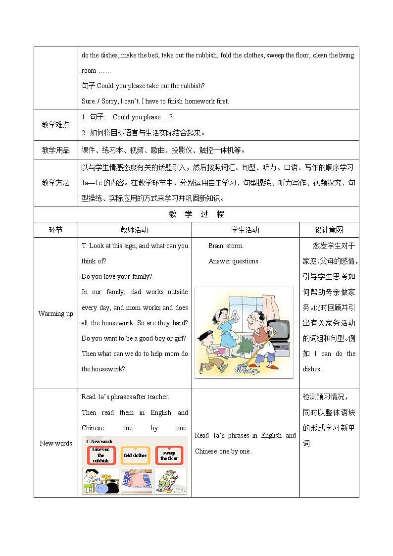 人教新目标（Go for it)版英语八年级下册 Unit 3 Could you please clean your roomSection A 1a—2d（教案 ）第2页