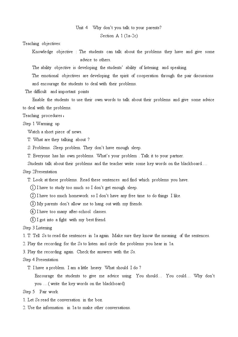 人教新目标（Go for it)版英语八年级下册 Unit4 Why don't you talk to your parents？Section A 1a—2d(2)（教案）01