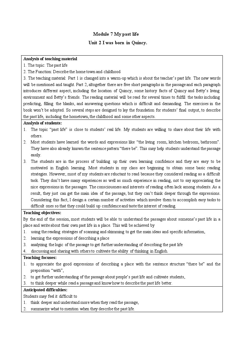 外研版英语七年级下册 Module 7 Unit 2 I was born in Quincy. 教案01