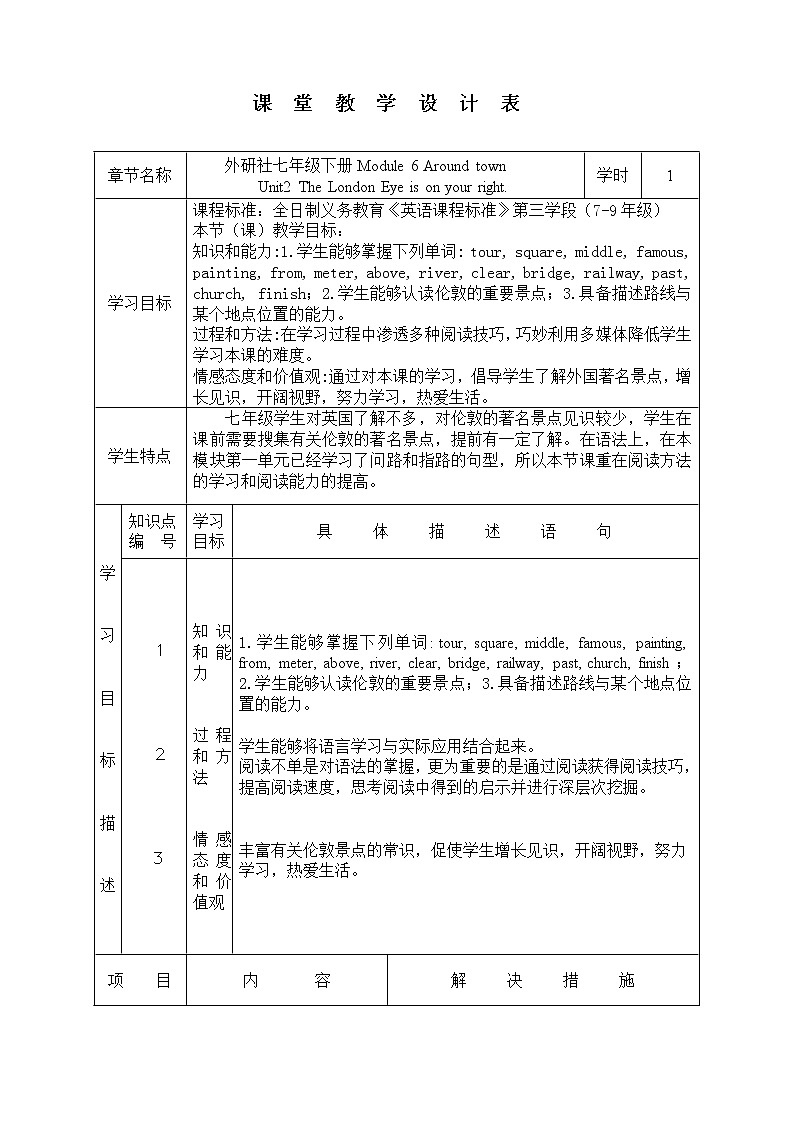 外研版英语七年级下册 Module 6 Unit 2 The London Eye is on your right. 教案01