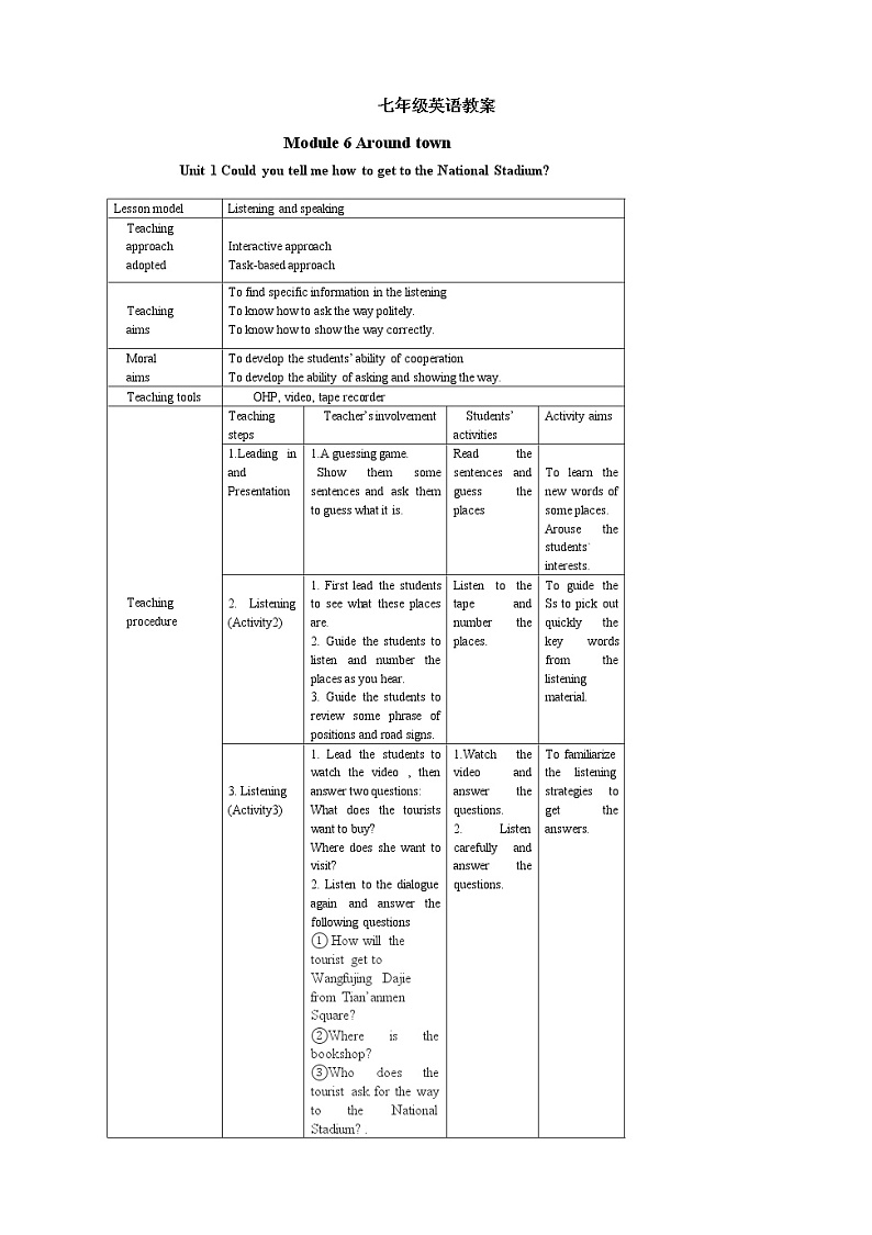 外研版英语七年级下册 Module 6 Unit 1 Could you tell me how to get to the National Stadium 教案01