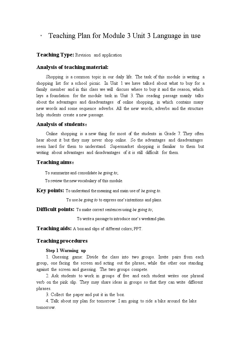 外研版英语七年级下册 Module 3 Unit 3 Language in use 教案01
